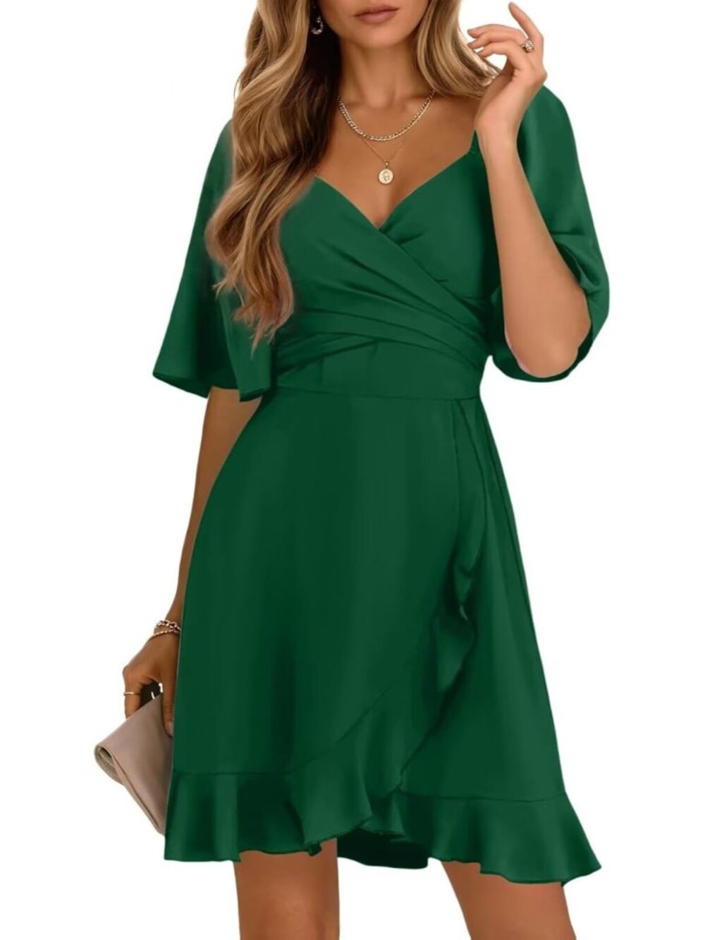 Women's Green Wrap V Neck Short Sleeve Elastic Waist Wedding Guest Mini Dresses
